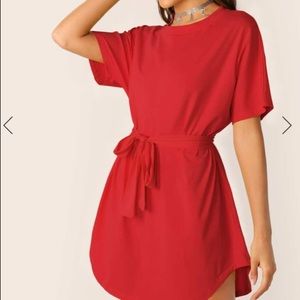SHEIN Solid Curved Hem Belted Dress